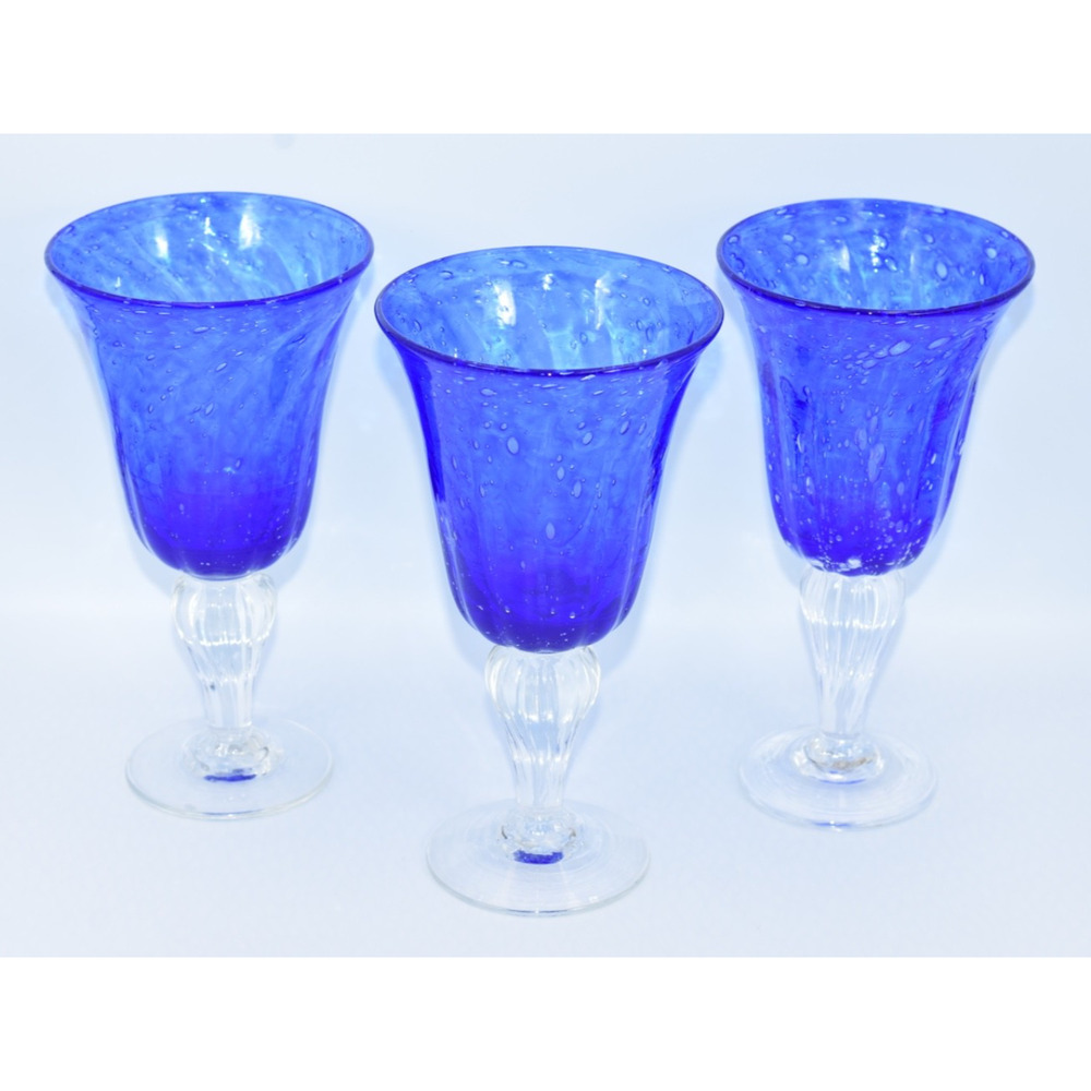 Val De Pome Christophe Saba Biot Seeded Blue Wine/Water Stemware Goblets France
